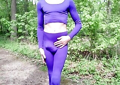 Sissy male Crossdressing Taut Leggings in Public park