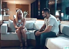 Busty blonde ts Jamie French sucks stepsons enormous cock