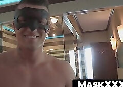 Masked muscular homo's cock stroke and naked striptease