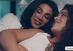 Teen with curls gets her tight pussy banged by her tranny stepmom