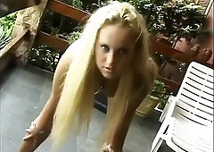 Ebony guy licks pink twat on golden-haired sex female-dominator. Cum in her throat after booty bang.