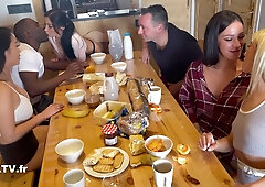 4 Charming Slim Bubble-assed Babes Share BBC & BWC In a Crazy Orgy In Their Mountain Chalet