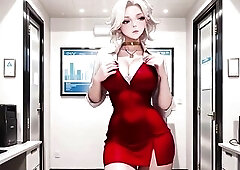 The golden-haired female-dominant in a red costume and beige costume delivers a idle, seductive visual feast within the bright, modern office. This ba