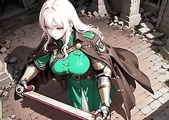 A intimate pont of time for the Golden-haired Knight! Clad in a taut green uniform with shimmering golden mechanical arms, that babe unfolds a visual 