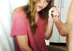 Horny teen buries a pink toy in her pussy and strokes a cock