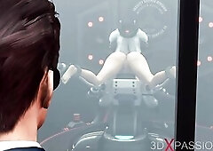 Hot youthful cuffed golden-haired gets screwed by tranny cyborg in the sci-fi lab