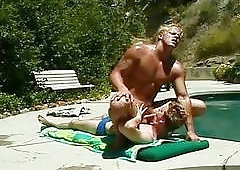Muscled pool boy fucking a hot twink outdoors