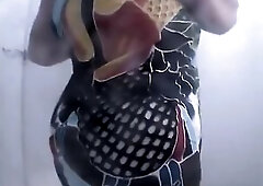 Plump aged woman spied in beach cabin taking off her swimsuit and drying her body. Then this babe dresses some raiment.