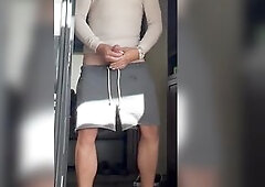 Using one as well as the other hands to jerk my large white cowboy wang in public view