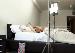 Busty curly brunette with big boobs fucks on couch