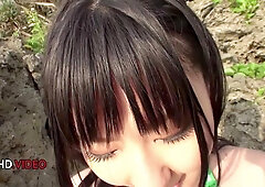 Outdoor Asian beauty gives intense beach blowjob in Bikini then teases POV