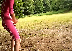 Young Fellow In Mid-leght Bikini Wank And Jizz Outdoor