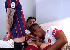 Soccer players score with a tight black ass in a hot threeway