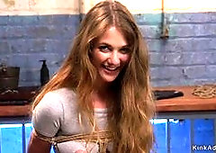 Hot brunette slut Samantha Hayes gets slapped by rough master then in threesome slave training mouth banged and pussy fucked in dungeon