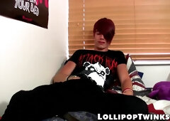 Skinny emo twink Rhys Casey working on his big twink cock