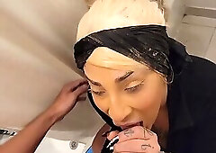 Local LA escort TS blows my cock on hotel restroom POV before rearranging her guts