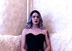 Slender shemale with sexy legs caresses her long stick