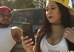 Inked tranny rides interracial cock hard in knee highs