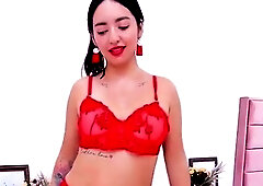 Skinny japanese babe in red lingerie