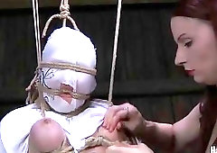 Bondage slave receives domination and humiliation from lesbian mistress BDSM