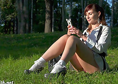 Sexy & lovely Jenny passes through town to show off her perky tits