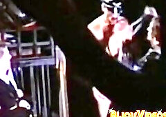 Submissive stud receives blowjob in retro threesome