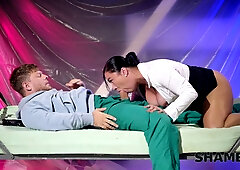 Lucky chubby boss humiliates her employee with a stranger at work