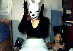 Bunny May Pt1! Female masked beauty plays around with her white rabbit mask and her rubber body!
