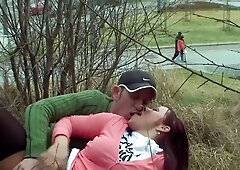 Redhead with big natural tits pees outdoors then gets fucked on the grass