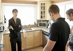 Dana Vespoli and a tattooed Asian beauty take turns on two hairy studs in hot anal and facial action