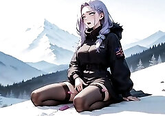 Purple-haired hottie in constricted black attire kneels on snow-overspread mountains, drizzling pearly liquid in a sensuous jizz flow as snowflakes fa