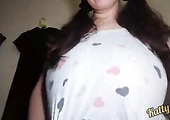 Katty Milk plays and shakes her massive natural melons in front of the camera