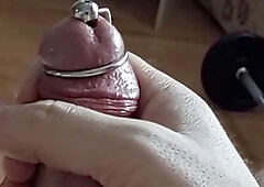 Cum shot thru manhood urethral butt-plug with penis head ring (slow-motility cum-shot)