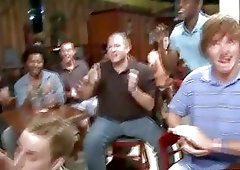 Guys swallowing sausages at party