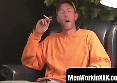 Mature amateur gay strips after an interview and jerks off vigorously