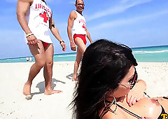 Bigtitted bathing suit tgirl spitroasted in three