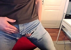 Kneading my meaty manmeat in torned denim