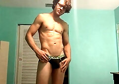 Beefy college cam boy strips and strokes until he has an explosive orgasm!