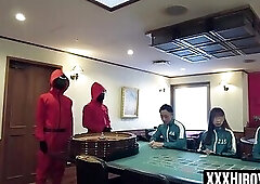 Masked guards pierce through Rech and Ikumis holes in squid game parody