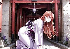A red-haired cutie in a purple kimono stands below the sacred Torii gate, her expression kewl yet undeniably shy. That babe gently pulls open her back