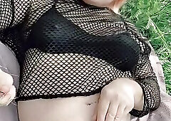 Redhead Crossdresser Outdoor Fishnett