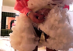 Jizz Shot Sissy in Satin Petticoat and Nylon Stocking