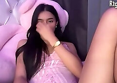 big boobs filipina shemale in pink lingerie strokes her big dick