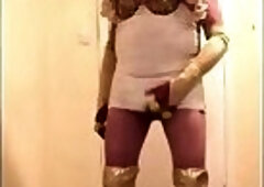 Blonde slut in white studded dress