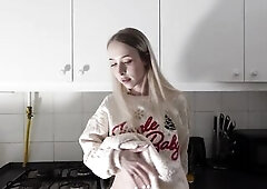 Amazingly charming small blond hawt college cutie in her dormitory kitchen getting willing for Christmas Party
