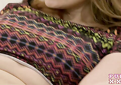 Hot GF is rubbing her beaver when he walks in