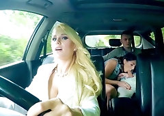 Jimena Lago gives him a sneaky blowjob as his stepmom Angel Wicky driving them