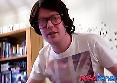 Big Titted British bitch interviewed before sucking on nerd dick