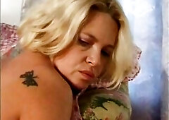 Aged woman in a blue costume on the patio