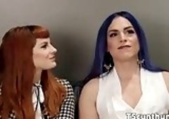 Stockinged TS pussy slamming ginger babe